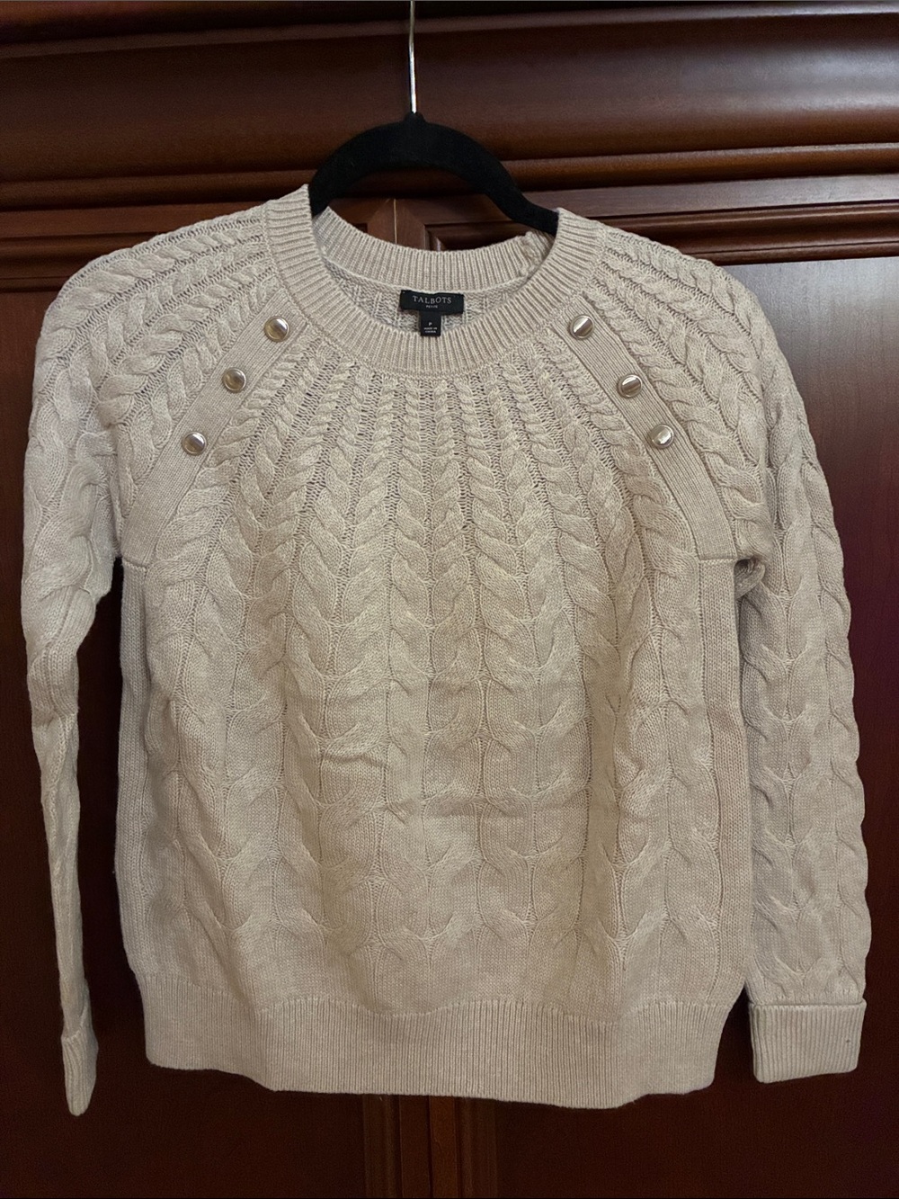 Talbots Cream Cable Knit Crewneck Sweater with Shoulder Buttons
